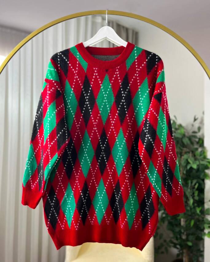 ARİYA BİSİKLET YAKA BAKLAVA ŞERİT DETAYLI TRİKO TUNİK 3023-18-KIRMIZI - 1