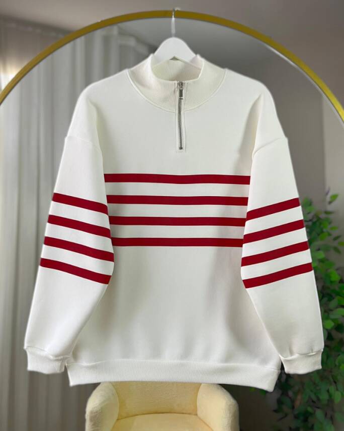 ERBA ÖN VE KOL ÇİZGİLİ FERMUARLI ÜÇ İPLİK SWEAT 3013-04-BORDO - 1