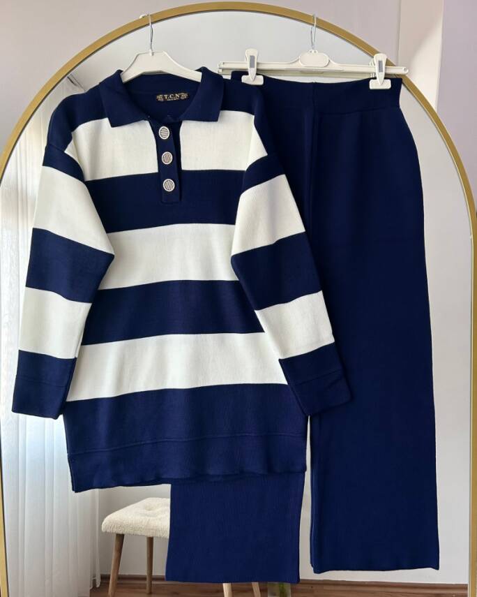 ERVA ÖNÜ DÜĞMELİ DOKUMA TRİKO TAKIM 1001-03-LACİVERT - 1