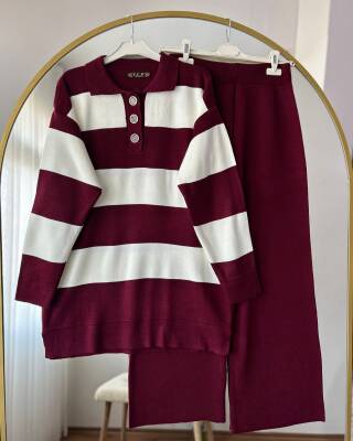 ERVA ÖNÜ DÜĞMELİ DOKUMA TRİKO TAKIM 1001-04-BORDO