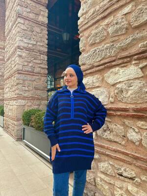 HURE ÖNÜ FERMUARLI OMUZ DÜĞMELİ TRİKO TUNİK 3018-19-İNDİGO