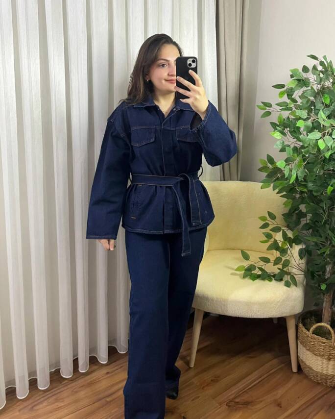 JESY KUŞAKLI DENİM CEKET PANTOLON TAKIM 1012-17-KOYU KOT - 1