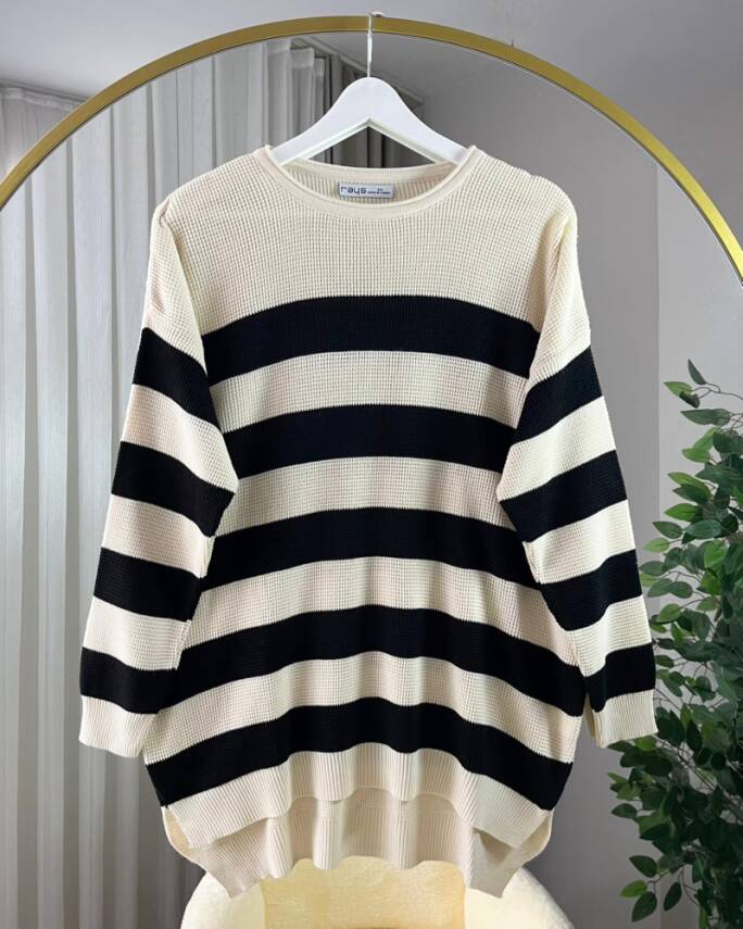 LİYA BİSİKLET YAKA ÇİZGİLİ SALAŞ TRİKO TUNİK 3019-02-BEJ - 1