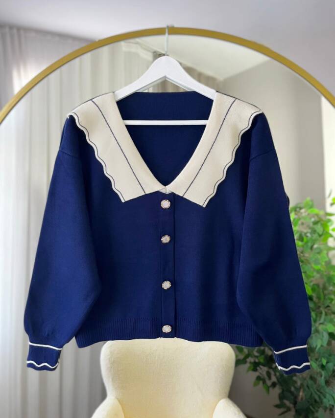 LORA DÜĞME GÖRÜNÜMLÜ BEBE YAKA TRİKO HIRKA 3012-03-LACİVERT - 1