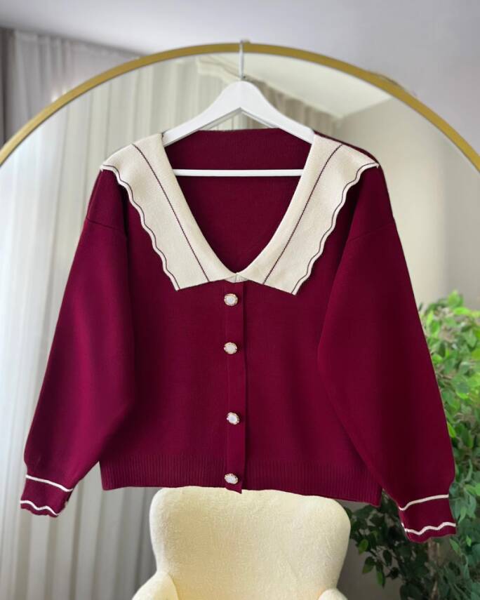 LORA DÜĞME GÖRÜNÜMLÜ BEBE YAKA TRİKO HIRKA 3012-04-BORDO - 1