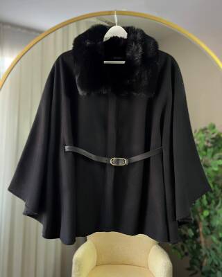 LUNA KÜRKLÜ KEMERLİ KAŞE PANÇO 4006-01-SİYAH