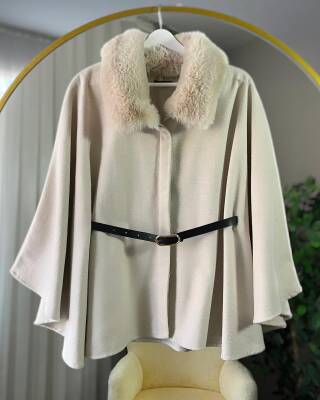 LUNA KÜRKLÜ KEMERLİ KAŞE PANÇO 4006-02-BEJ