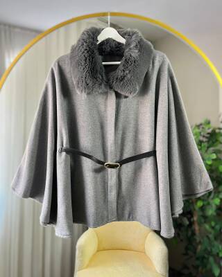 LUNA KÜRKLÜ KEMERLİ KAŞE PANÇO 4006-12-ANTRASİT