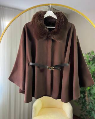 LUNA KÜRKLÜ KEMERLİ KAŞE PANÇO 4006-13-KAHVE