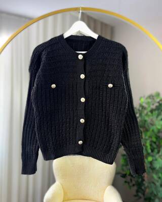 MİLE CEP DETAYLI DÜĞMELİ ÖRME TRİKO TRİKO TUNİK HIRKA 3016-01-SİYAH