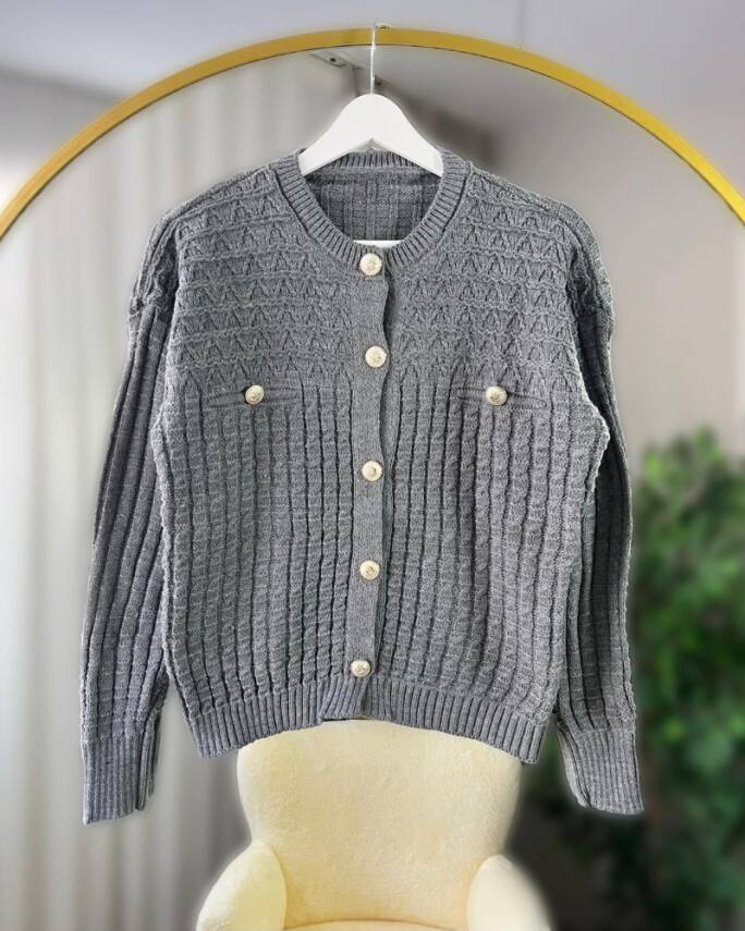 MİLE CEP DETAYLI DÜĞMELİ ÖRME TRİKO TRİKO TUNİK HIRKA 3016-12-ANTRASİT - 1