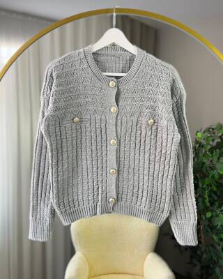 MİLE CEP DETAYLI DÜĞMELİ ÖRME TRİKO TRİKO TUNİK HIRKA 3016-21-GRİ