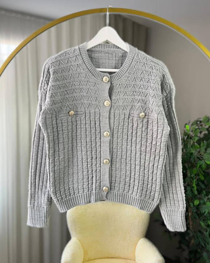 MİLE CEP DETAYLI DÜĞMELİ ÖRME TRİKO TRİKO TUNİK HIRKA 3016-21-GRİ - 1