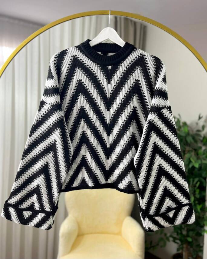 MİORA DUBLE KOL ZİKZAK DESEN TRİKO KAZAK 3024-01-SİYAH - 1