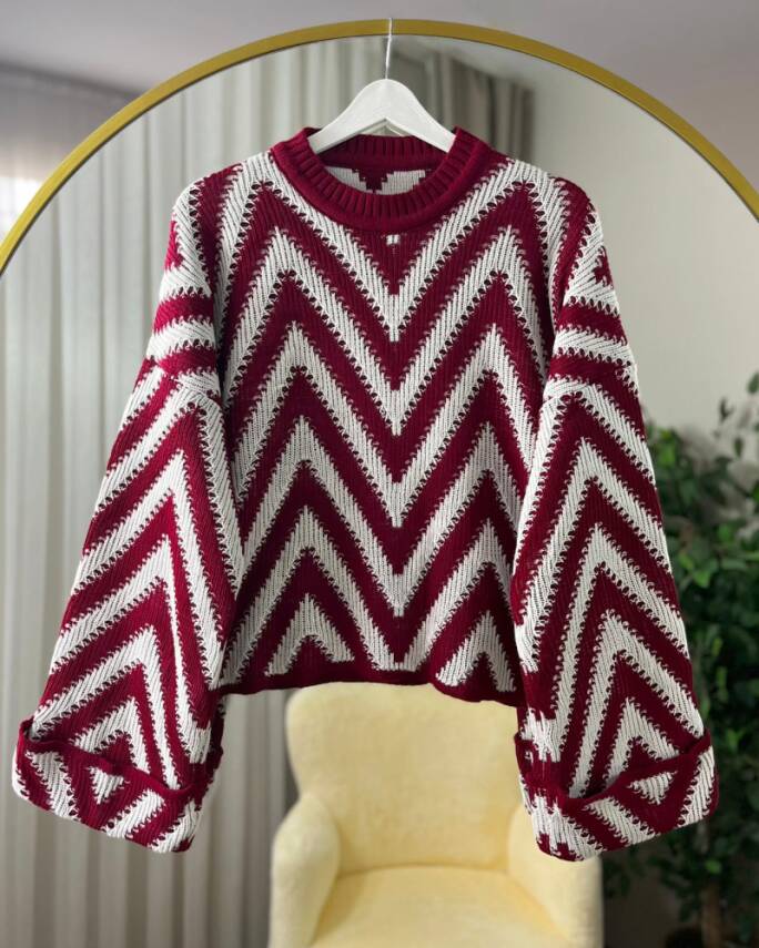 MİORA DUBLE KOL ZİKZAK DESEN TRİKO KAZAK 3024-04-BORDO - 1