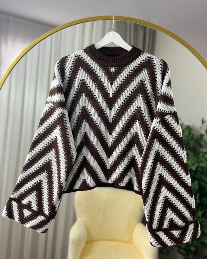 MİORA DUBLE KOL ZİKZAK DESEN TRİKO KAZAK 3024-13-KAHVE - 1