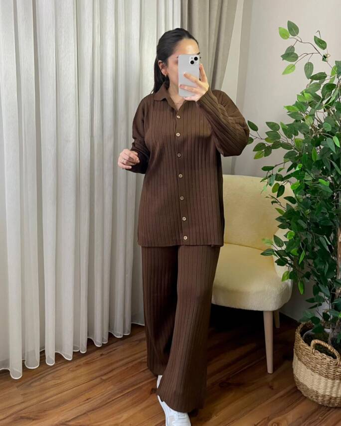 MİRA ÖNÜ DÜĞMELİ ÇİZGİLİ TRİKO TAKIM 1011-13-KAHVE - 1