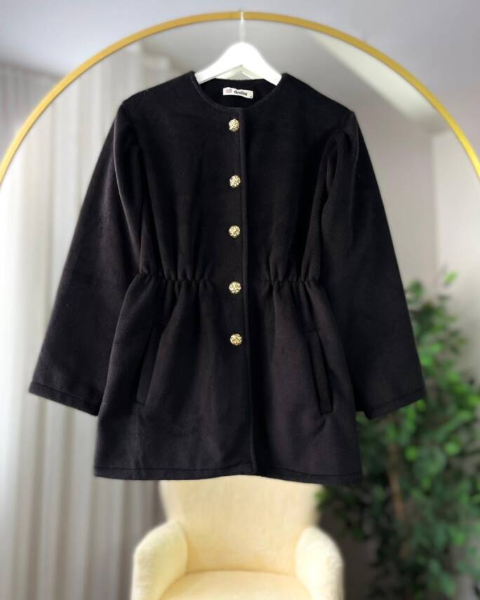 PARE ÖNÜ DÜĞMELİ BELİ BÜZGÜLÜ CEKET KAP 4006-01-SİYAH - 1