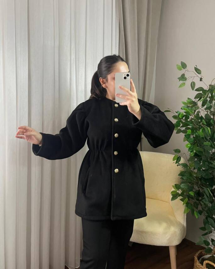 PARE ÖNÜ DÜĞMELİ BELİ BÜZGÜLÜ CEKET KAP 4006-01-SİYAH - 2