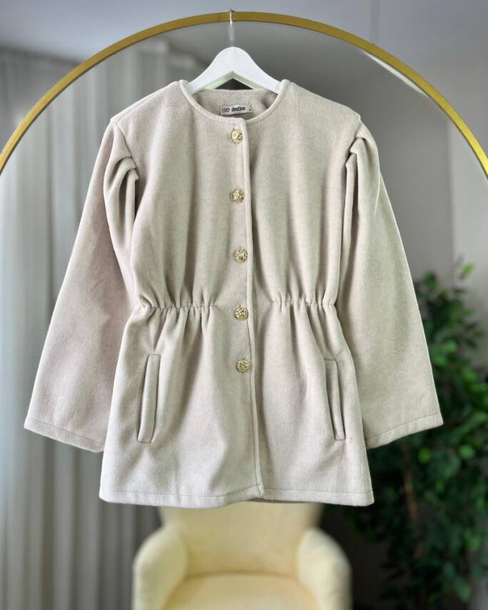 PARE ÖNÜ DÜĞMELİ BELİ BÜZGÜLÜ CEKET KAP 4006-07-EKRU - 1