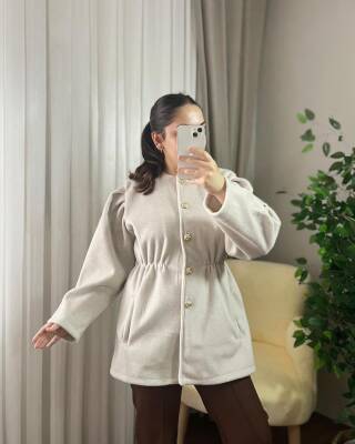 PARE ÖNÜ DÜĞMELİ BELİ BÜZGÜLÜ CEKET KAP 4006-07-EKRU - 2