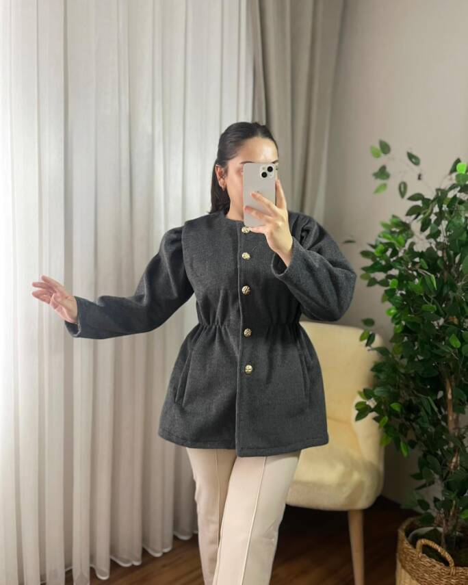 PARE ÖNÜ DÜĞMELİ BELİ BÜZGÜLÜ CEKET KAP 4006-12-ANTRASİT - 2