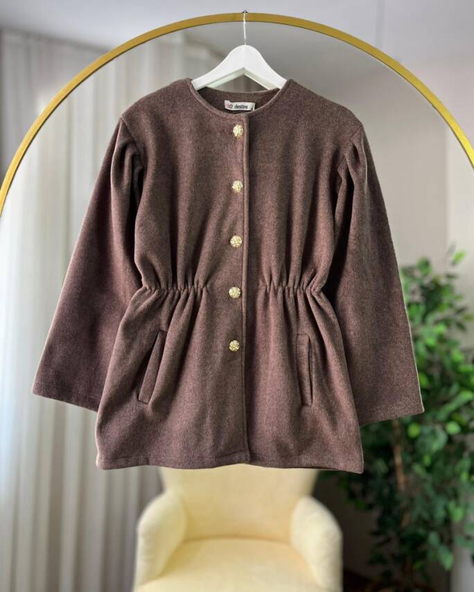 PARE ÖNÜ DÜĞMELİ BELİ BÜZGÜLÜ CEKET KAP 4006-13-KAHVE - 1