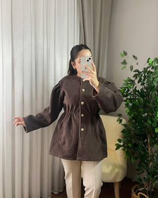 PARE ÖNÜ DÜĞMELİ BELİ BÜZGÜLÜ CEKET KAP 4006-13-KAHVE - 2