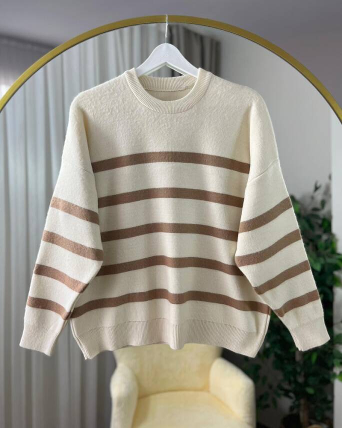 PELA YAN ŞERİTLİ SAKALLI TRİKO TUNİK 3021-02-BEJ - 1