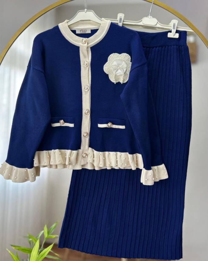 SERVA PAPATYA İŞLEMELİ İNCİ DETAYLI TRİKO ETEKLİ TAKIM 1007-03-LACİVERT - 1