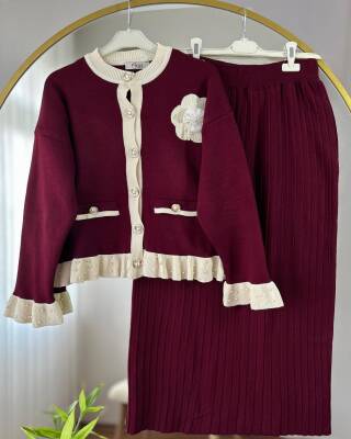 SERVA PAPATYA İŞLEMELİ İNCİ DETAYLI TRİKO ETEKLİ TAKIM 1007-04-BORDO