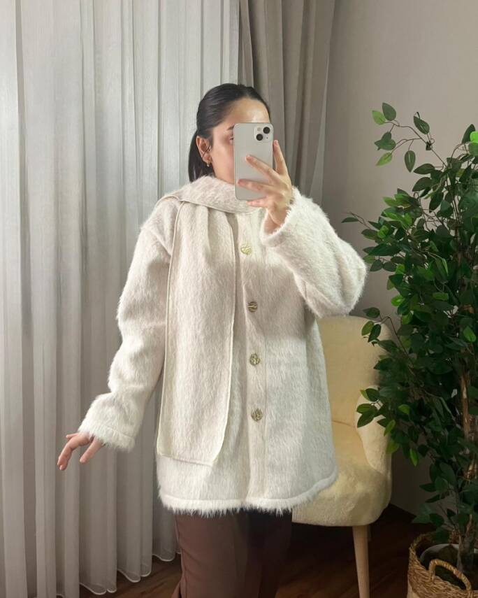 SOLA ÖNÜ DÜĞMELİ ATKILI CEKET KAP 4005-07-EKRU - 1