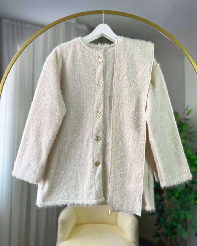 SOLA ÖNÜ DÜĞMELİ ATKILI CEKET KAP 4005-07-EKRU - 2