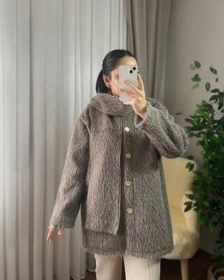 SOLA ÖNÜ DÜĞMELİ ATKILI CEKET KAP 4005-10-VİZON - 2