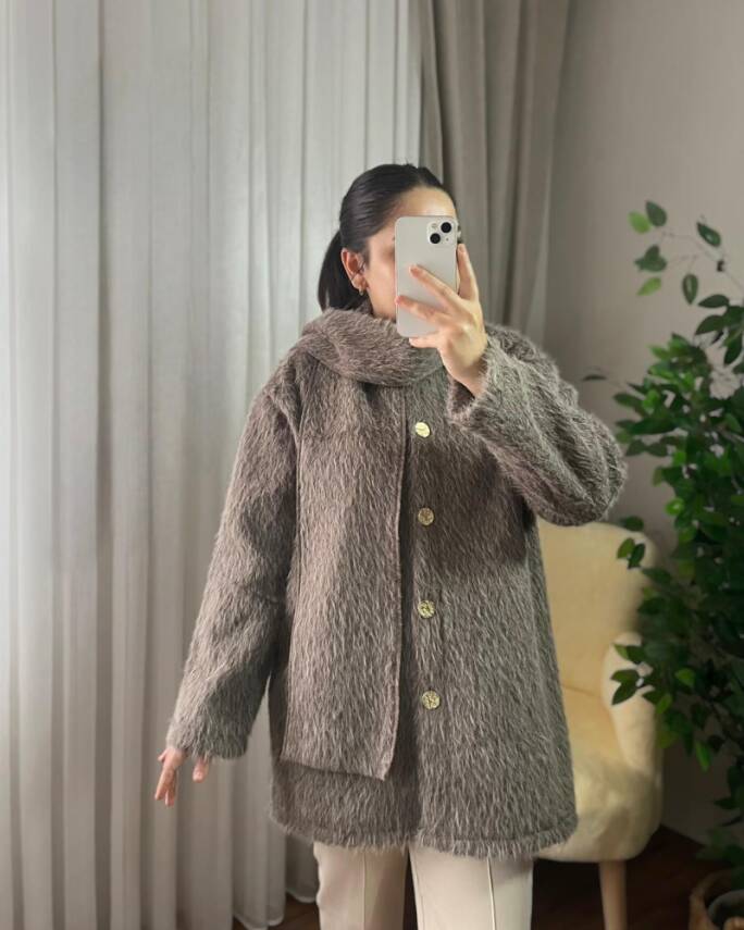 SOLA ÖNÜ DÜĞMELİ ATKILI CEKET KAP 4005-10-VİZON - 2