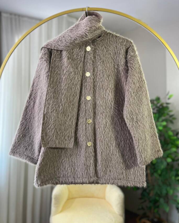 SOLA ÖNÜ DÜĞMELİ ATKILI CEKET KAP 4005-10-VİZON - 1