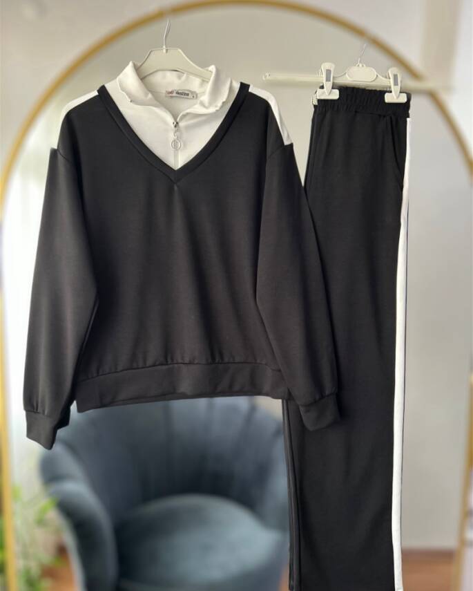 SONA YANLARI ŞERİTLİ GÖMLEK YAKA BOĞAZ FERMUARLI İKİLİ TAKIM 1003-01-SİYAH - 1