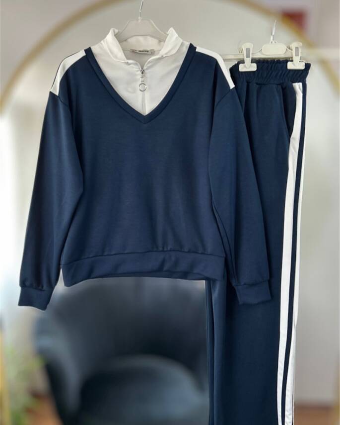 SONA YANLARI ŞERİTLİ GÖMLEK YAKA BOĞAZ FERMUARLI İKİLİ TAKIM 1003-03-LACİVERT - 1