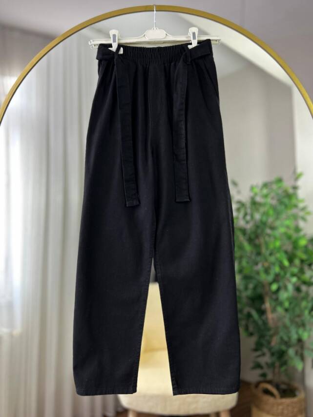 URAS BELİ KUŞAKLI LASTİKLİ KOT PANTOLON 5002-01-SİYAH - 1