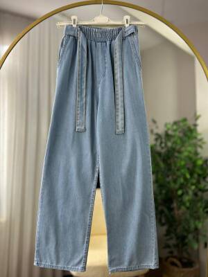 URAS BELİ KUŞAKLI LASTİKLİ KOT PANTOLON 5002-16-AÇIK KOT