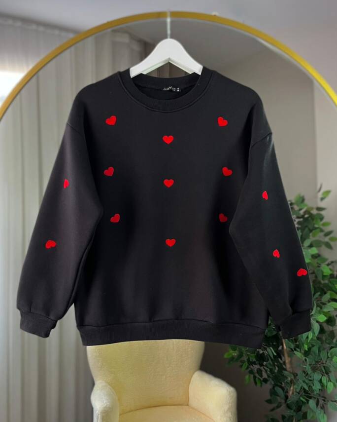URAY KALP NAKIŞLI OVERSİZE ÜÇ İPLİK SWEAT 3010-01-SİYAH - 1