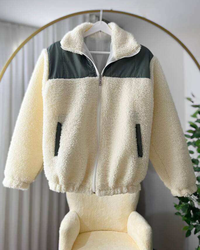 YANS İÇİ ASTARLI İKİ RENKLİ BELİ LASTİKLİ CEPLİ PELUŞ CEKET 4009-02-BEJ - 1